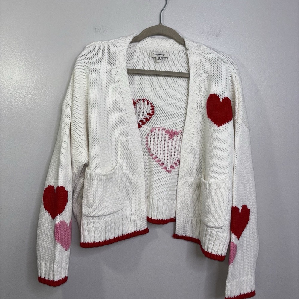 Valentine Heart Thick Cardigan Sweater Francesca's‎ Size Medium Pink/red/white